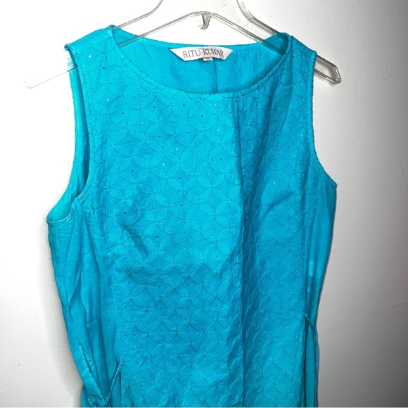 Ritu Kumar Kurta Dress Turquoise Lined Side Slit Studded Ombre Tasseled Size 36 - Picture 15 of 15